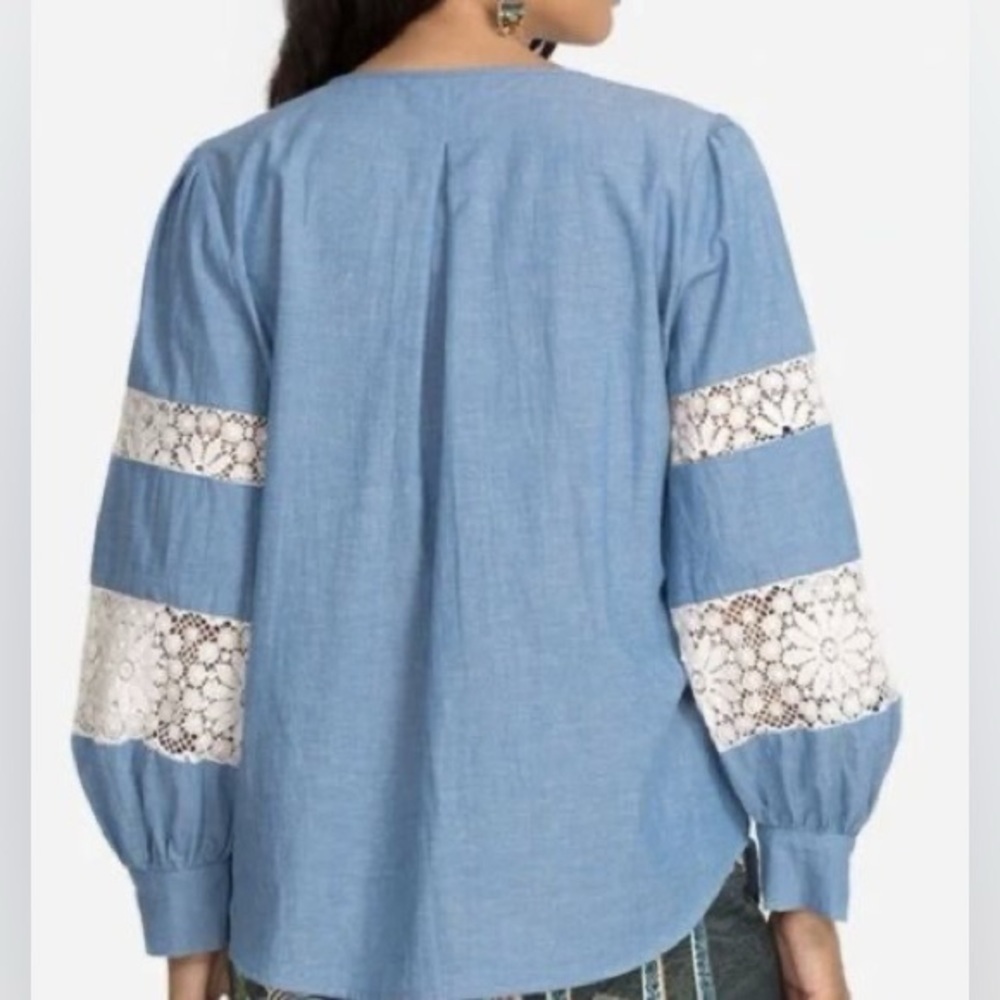 Johnny Was Thalassa Chambray Lace Blouse Medium Cottagecore Boho Anthropologie - Picture 4 of 15